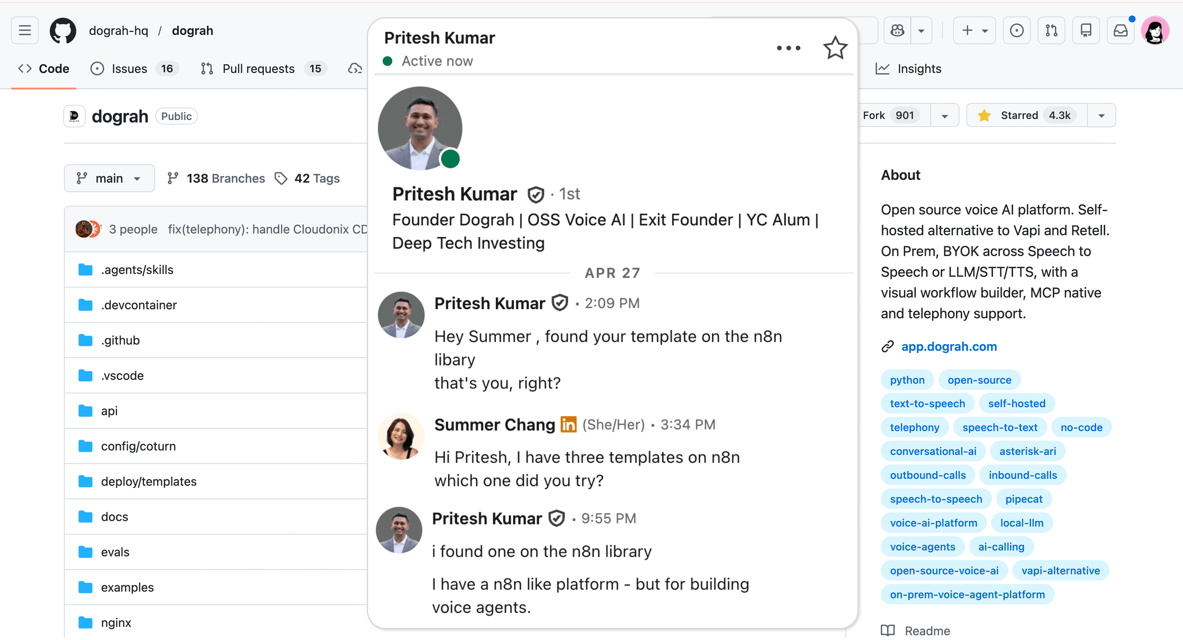 A direct message from the Dograh team after they found the published n8n template.