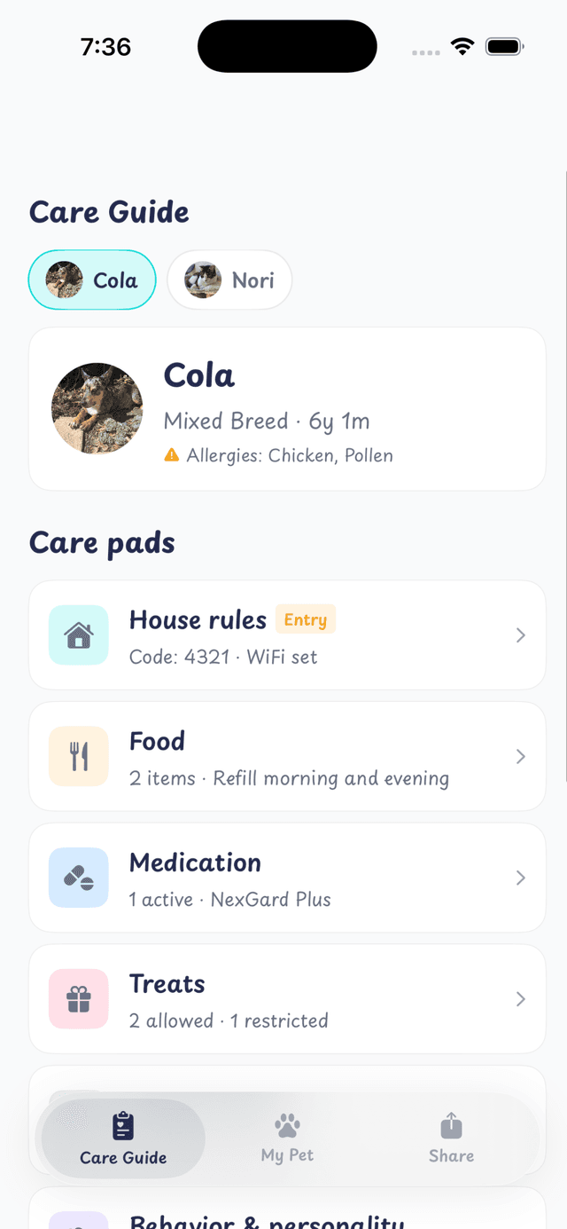 App screenshot — House Rules pad in view mode, showing the entry info section (door code, WiFi, key location) and the yes/no rule toggles below.