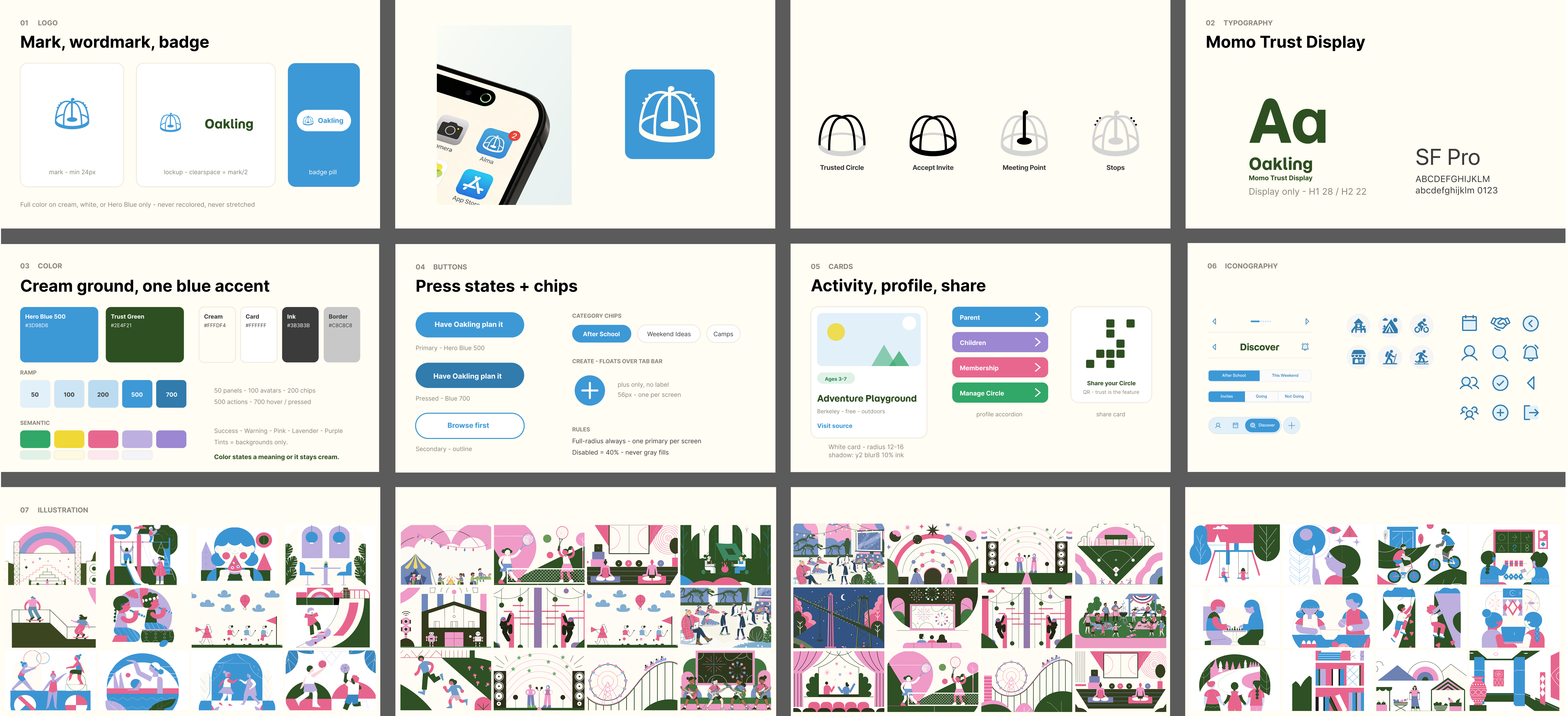 Oakling style guide — logo, typography, color, UI components, and illustration system.