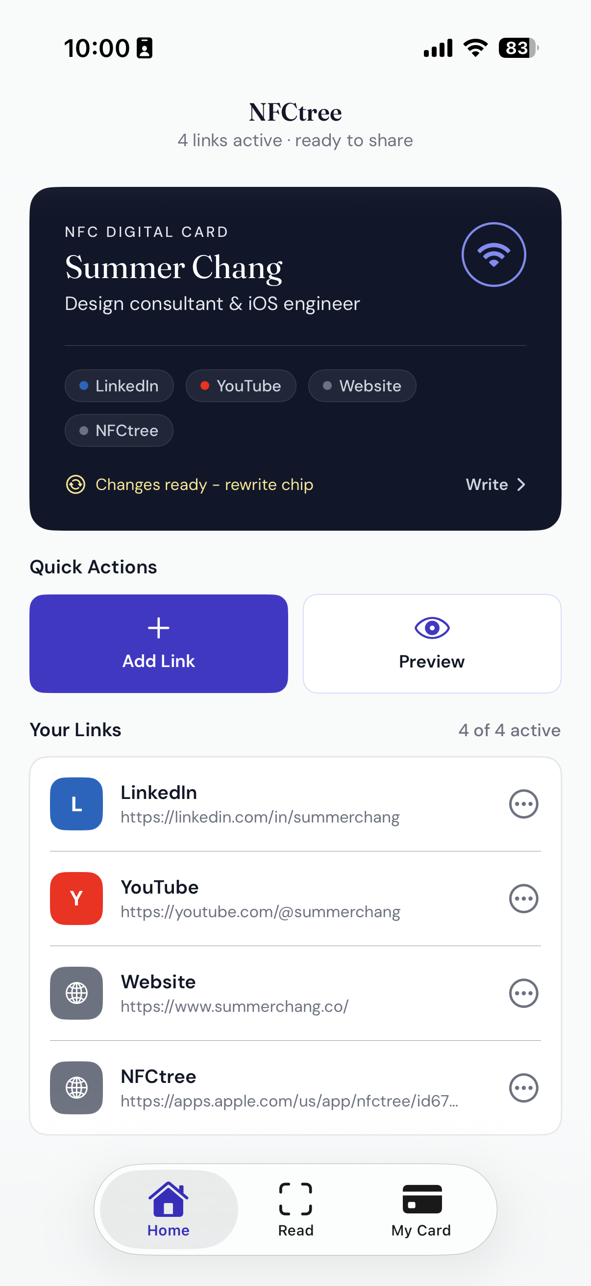 NFCtree home screen with quick actions and active link count.