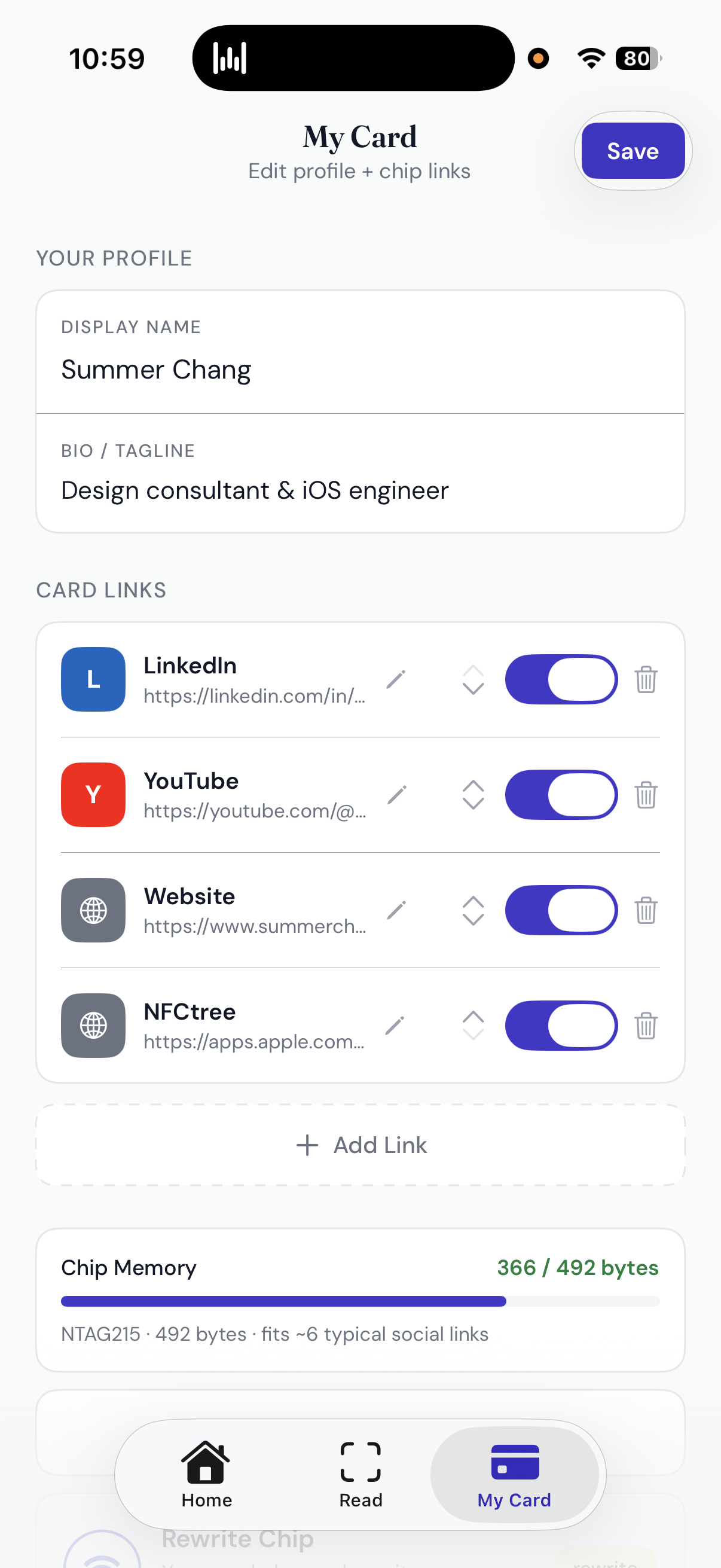 My Card builder with platform presets and live byte counter.