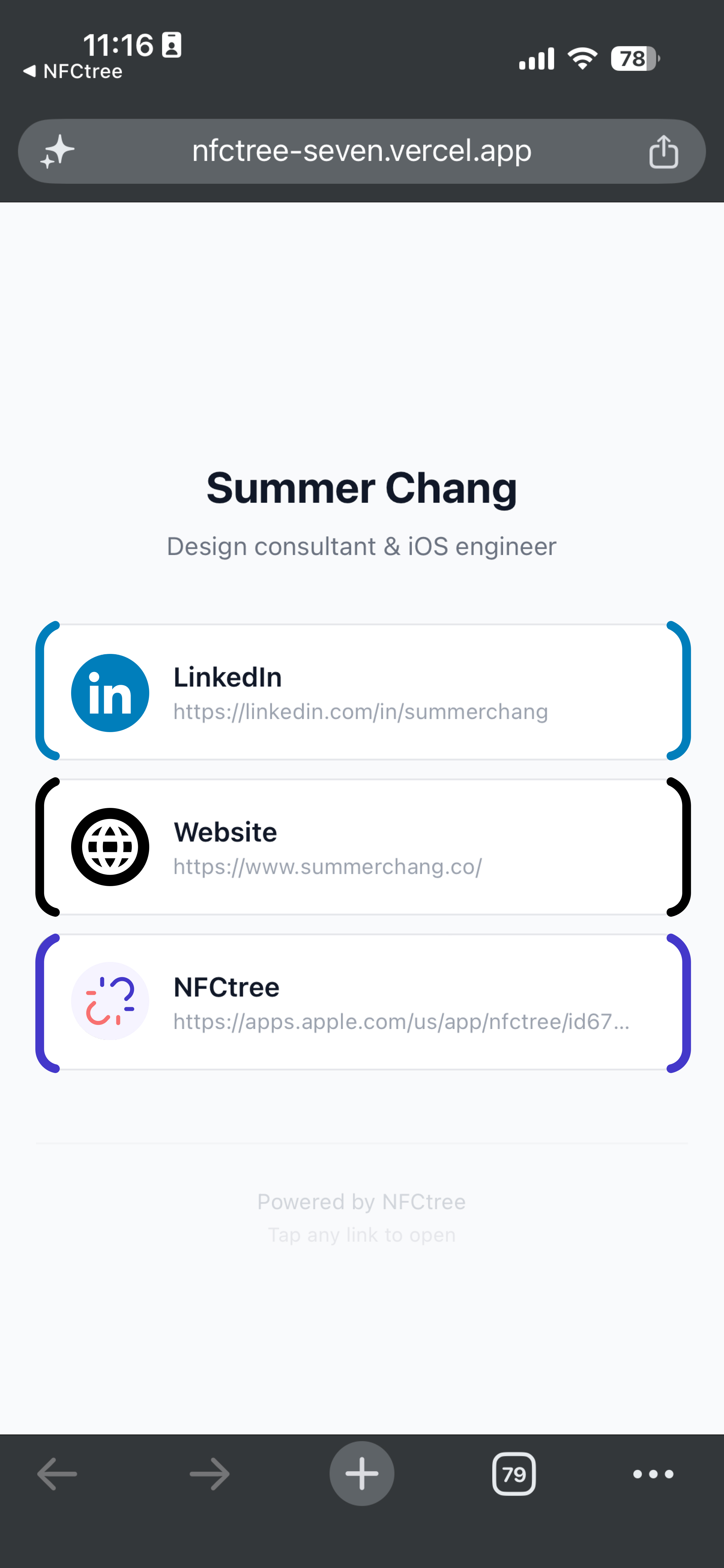 Minimal shared card page after a tap.