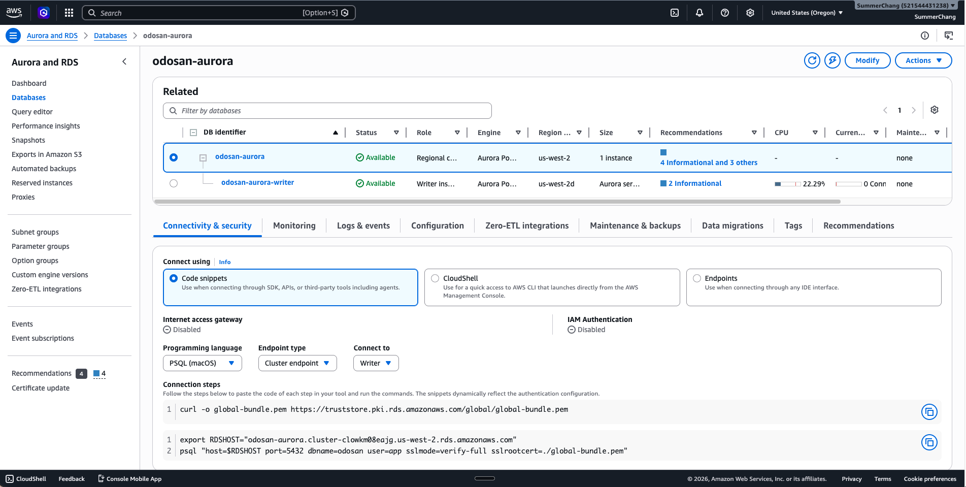 Amazon RDS console showing the odosan-aurora Aurora PostgreSQL cluster
